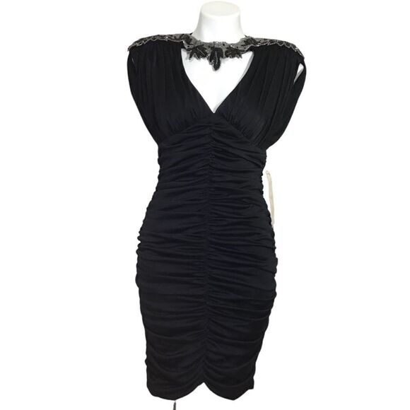 Dave & Johnny Black Dress Vintage 80s Ruched Bodycon Sequin Midi New Size 9/10 - Picture 1 of 16